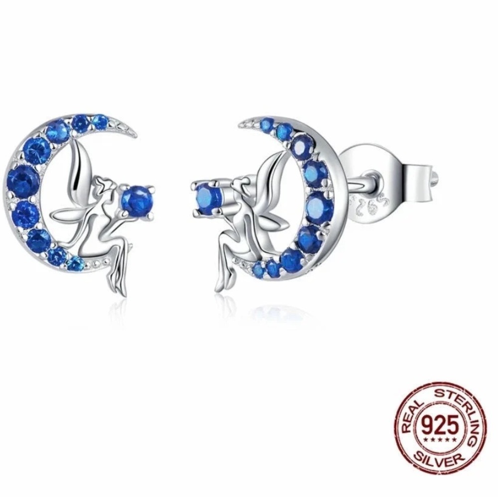 925 Sterling Silver Fairy on the Moon Round Blue Stud Earrings for Women